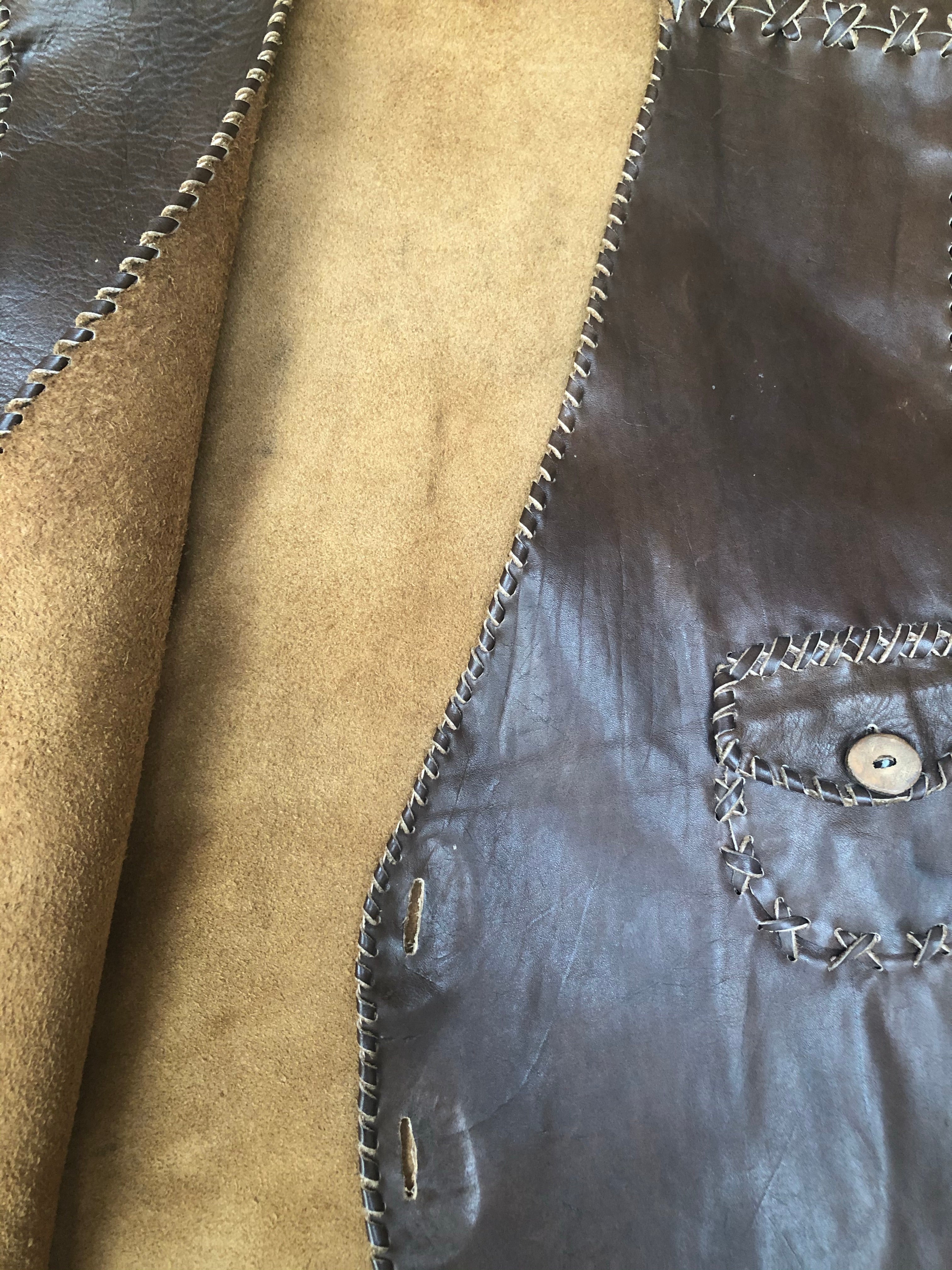 Vintage 1960s Leather Stitched Detail Waistcoat in Brown - Size XL