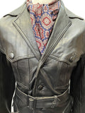 wooden buttons  vintage  Urban Village Vintage  urban village  S  retro  pockets  Mens jacket  mens coat  mens  Leather  Jacket  decorative buttons  collar  coat  buttown  button down  black  big collar  Belted waist  belted jacket  belted  belt  70s  70  3 button  1970s