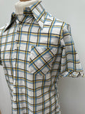 white  vintage  Urban Village Vintage  urban village  short sleeved  short sleeve  Shirt  mens  M  international style  dagger collar  collar  chest pockets  checkered  checked  check shirt  check  button down  button  big collar  70s  1970s