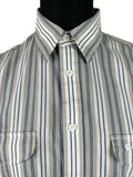 vintage  Urban Village Vintage  top  stripey  Stripes  striped  stripe pattern  stripe detailing  stripe  short sleeved shirt  short sleeved  short sleeve  Shirt  multi  mens  L  Gabicci  embroidered logo  Embroidered  blue stripes  beige  70s  1970s