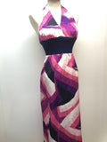 4  zip  womens  white  vintage  Urban Village Vintage  urban village  purple  print dress  pink  multi  maxi dress  halter neck  dress  Claudie Amos  back zip  70s  1970s