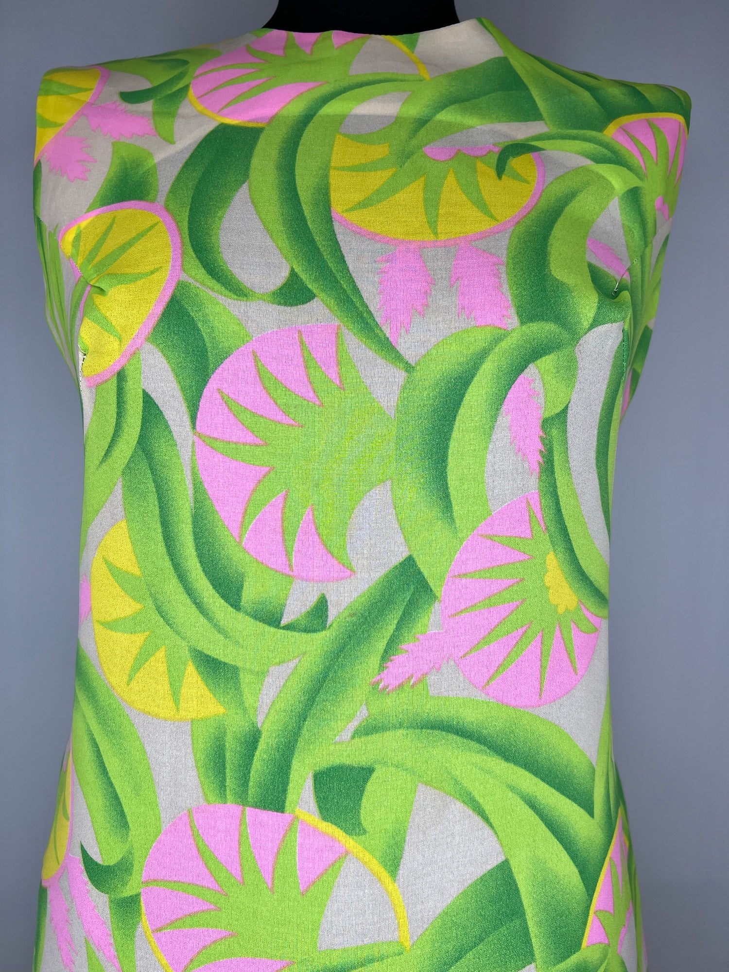 strapless open back dress Vintage 1960s Sleeveless Floral Print Dress in Green and Pink by Eriko -  Size UK 12 - Womens Vintage Clothing
