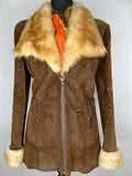 Vintage 1970s Suede Sheepskin Shearling Coat in Brown - Size UK 10