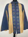 1970s Blue/Beige Daisy Cut-Out Suede Cape with Neck Tie - One Size