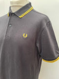 Yellow  vintage  urban village  tipped  stripey  Stripes  striped  stripe  sportswear  short sleeved  short sleeve  retro  polo top  polo  MOD  mens  L  Fred Perry  fred  collared  collar  button  black  Online store