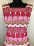womens  vintage  Urban Village Vintage  square neck  sleeveless  print  pink  multi  metallic  knee length  dress  60s  1960s  14
