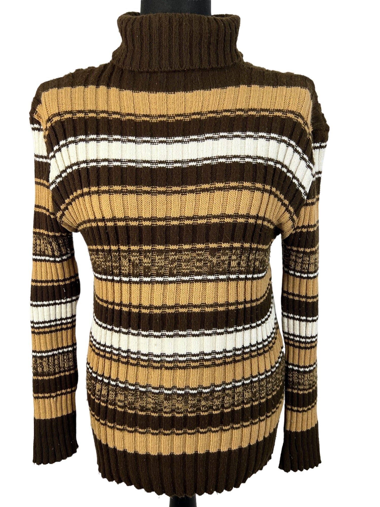 Vintage 1970s Striped Rib Knit Roll Neck Jumper in Brown Size M