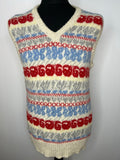 Vintage 1970s Patterned Wool V Neck Tank Top in Cream - Size L