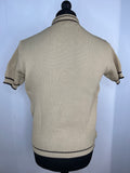 zip neck  vintage  Urban Village Vintage  urban village  top  stripe detailing  stripe detail  short sleeved  short sleeve  ribbed  retro  polo  MOD  mesh knit  mens  made in england  M  light knit  knitwear  knitted  knit top  knit  fine knit  brown stripes  beige  60s  60  1960s  1960