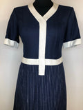 womens  white  vintage  stripe detailing  sleevless  retro  MOD  midi dress  midi  Georges Gregoire  dress  blue  back zip  60s  1960s