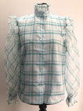 womens  vintage  Victorian style  Victorian  Urban Village Vintage  top  ruffle sleeves  ruffle neck  multi  metallic stitch  floral print  bluecheck  Blue  blouse  70s  1970s  14