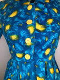 zip  womens  vintage  Urban Village Vintage  urban village  summer dress  side zip  shirt waist  sailor collar  print  pleat detail  floral dress  dress  bow tie collar  blue  50s  1950s  10