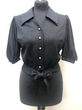 womens  Warwick Model  vintage  Urban Village Vintage  top  tie front  puff sleeve  disco  dagger collar  blouse  black  70s  70  1970s  12