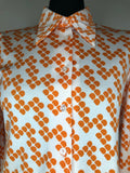 10  womens  white  vintage  top  print  orange  floral print  dagger collar  blouse  70s  1970s
