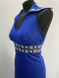 studio 54  disco  womens  vintage  royal blue  retro  party  open neck  open collar  norwegian  nordic  maxi dress  maxi  long dress  halter neck  halter  glam  festive  evening dress  dress  dagger collar  cobalt  blue  70s  1970s