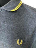 Yellow  vintage  urban village  top  tipped  stripey  Stripes  striped  stripe  sportswear  short sleeved  short sleeve  retro  polo top  polo  mustard  MOD  mens  L  grey