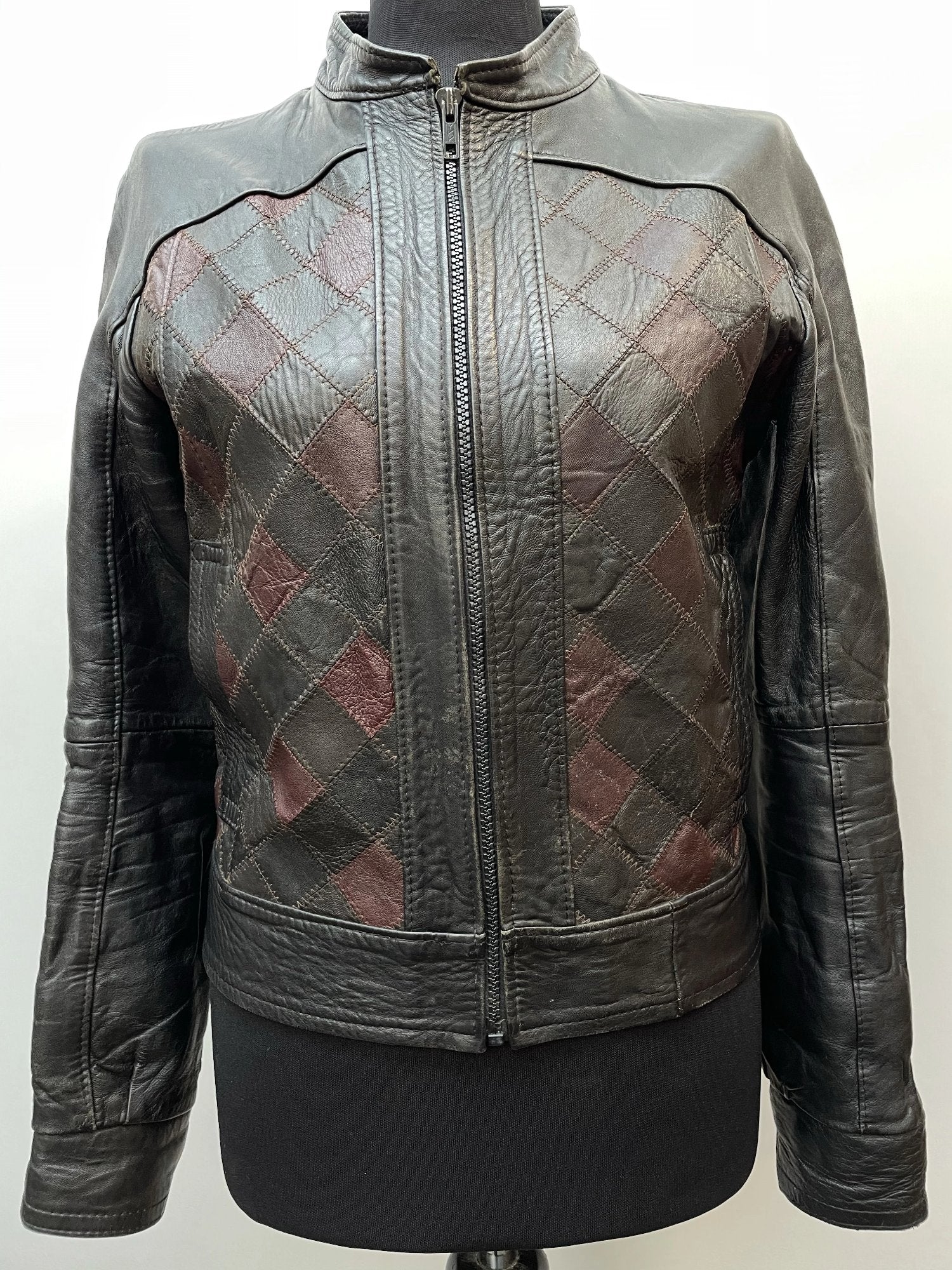 Vintage 1970s Leather Jacket with Diamond Patchwork Size UK