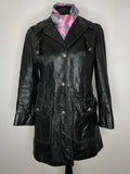 womens jacket  womens coat  womens  vintage  urban village  soft leather  small  pockets  Leather Jacket  Leather  large collar  Jacket  button down  button  Black Leather  Black Jacket  black  Belted waist  belted jacket  8  70s  70  1970s