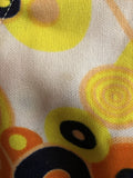 Yellow  womens  white  vintage  Urban Village Vintage  triangle print  retro  psychedelic  psych  print dress  orange  navy  multi  MOD  dress  decorative buttons  circle print  bow detail  60s  1960s  12