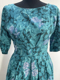 zip  womens  vintage  Urban Village Vintage  urban village  summer dress  shirt waist  midi dress  midi  floral print  floral dress  floral  dress  dolman sleeve  dolman  cotton  blue  8  50s  1950s