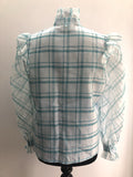 womens  vintage  Victorian style  Victorian  Urban Village Vintage  top  ruffle sleeves  ruffle neck  multi  metallic stitch  floral print  bluecheck  Blue  blouse  70s  1970s  14