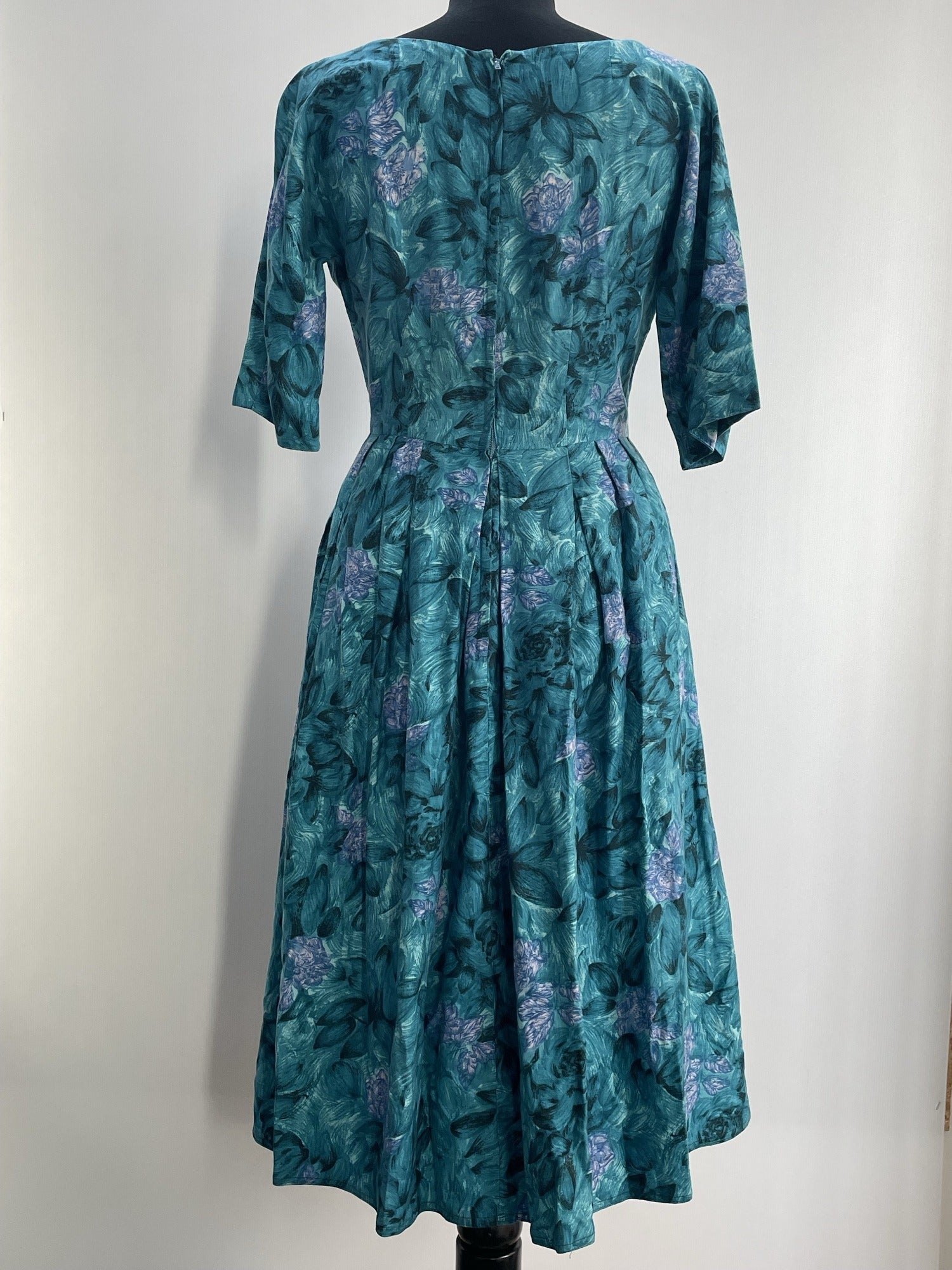 Vintage 1950s Blue Floral Cotton Full Summer Dress - Size UK 8