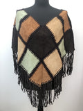 1960s Style Suede Patchwork Fringed Poncho - One Size
