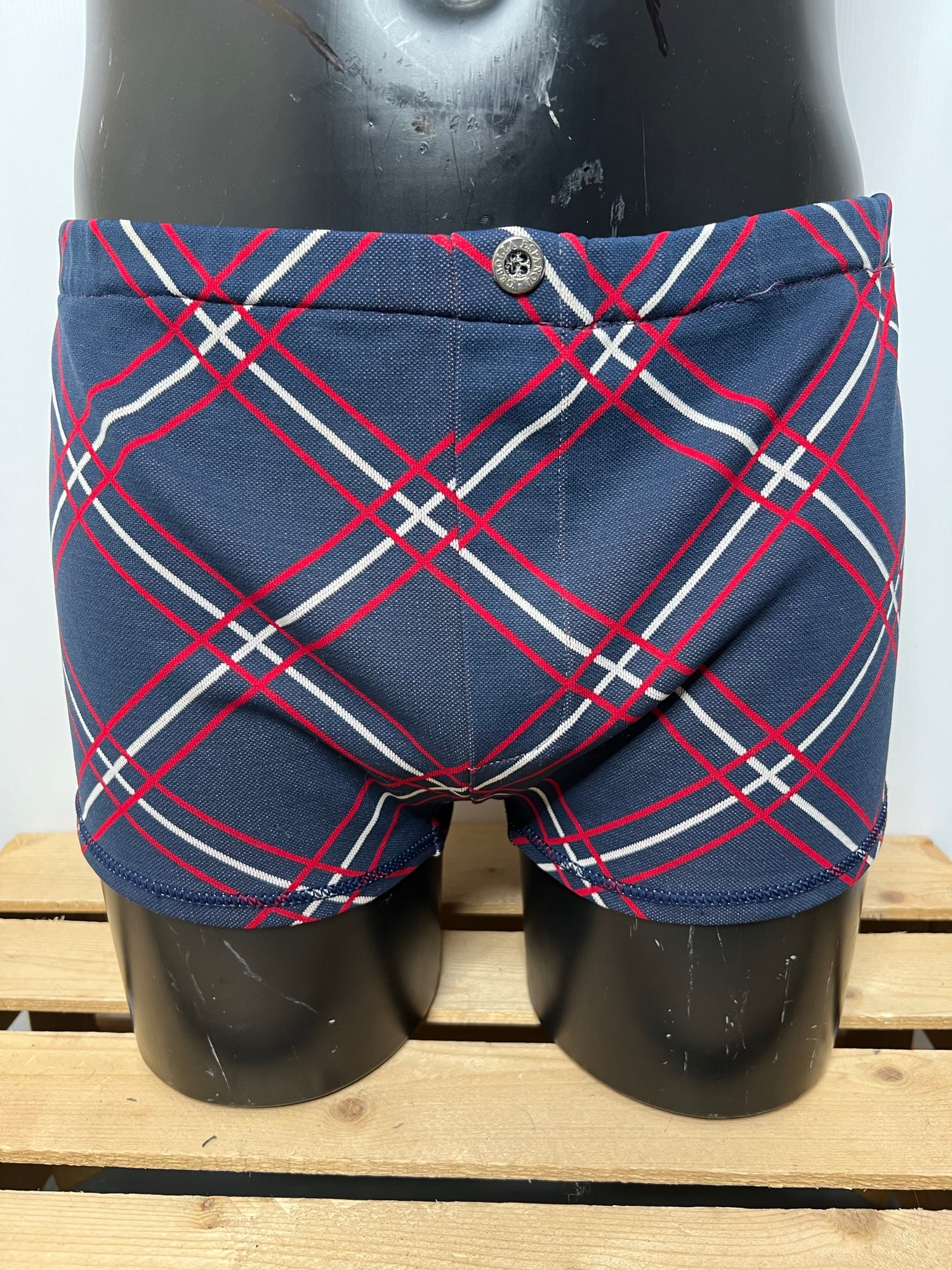 Vintage 1970s Mens Check Swim Shorts in Blue and Red by St Michael Size L L
