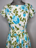 womens  vintage  Urban Village Vintage  St Michael  short sleeved  short sleeve  rose print  roll neck  print dress  MOD  floral print  floral dress  floral  dress  blue rose  back zip  60s  1970s  1960s