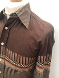 vintage  Urban Village Vintage  urban village  stripe print  mens  long sleeve  L  dagger collar  collar  chest pockets  button fastening  brown  big collar  Amorial  70s  1970s