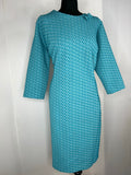 Vintage 1960s Three Quarter Sleeved Patterned Dress in Blue - Size UK 16-18