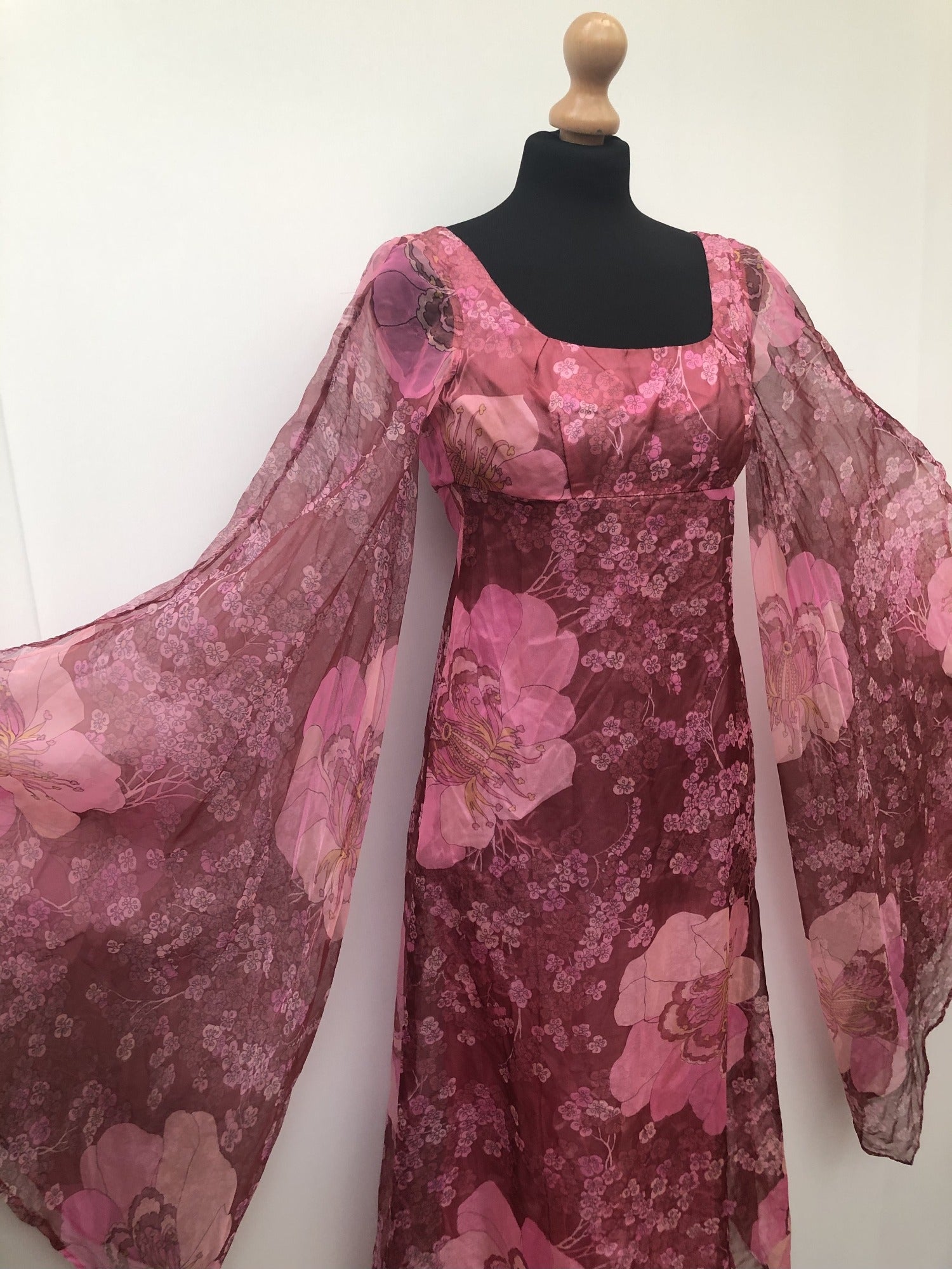 1970s Huge Bell Sleeve Floral Print Maxi Dress - Pink - Size 6 - Urban Village Vintage Womens Clothing UrbanVillageVintage 1970s Huge Bell Sleeve Floral Print Maxi Dress - Pink - Size 6 - Urban Village Vintage Womens Clothing UrbanVillageVintage