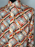 vintage  Urban Village Vintage  urban village  Shirt  red  printed shirt  printed  print  pointed collar  orange  MOD  Mens Shirts  mens  long sleeves  Long sleeved top  long sleeve  large  L  dagger collar  button  70s  1970s