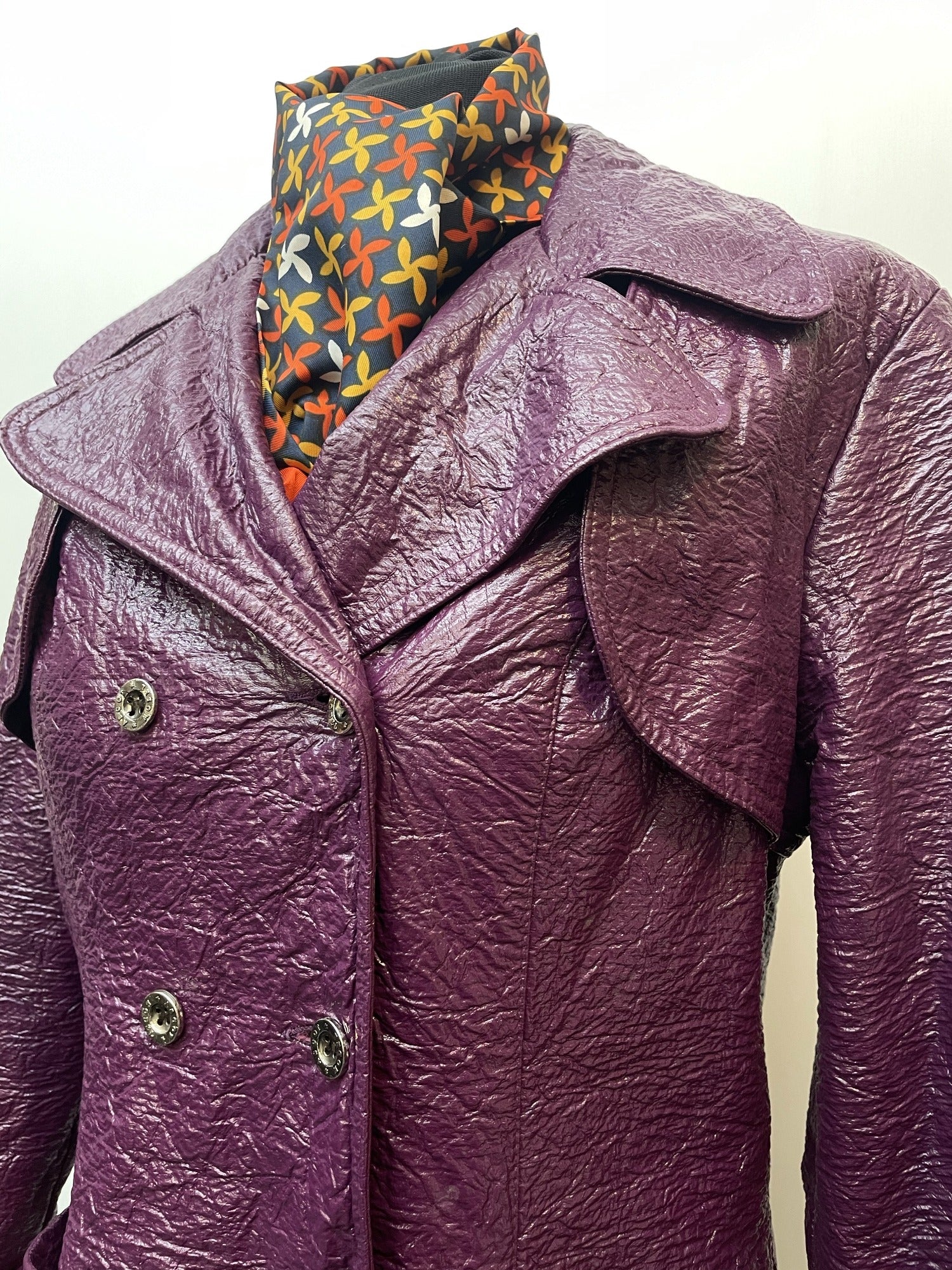 womens jacket  womens coat  womens  Vinyl PVC  vintage  Urban Village Vintage  purple  Leather  Jacket  double breasted coat  double breasted  decorative buttons  70s  60s  3/4  1970s  1960s  12