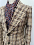 XS  vintage  Urban Village Vintage  urban village  retro  mens  large check  lapels  Jacket  dark brown  cream  coat  checkered  checked  check lining  check coat  check  button down  button  brown  blazer jacket  Blazer  belted blazer  70s  1970s