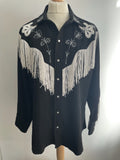 xl  white embroidery  western wear  western shirt  western  vintage  Urban Village Vintage  urban village  Ranchwear  press stud fastening  press stud  pearl snap fastening  pearl snap  pearl button  mens  hearc  floral trim  floral embroidery  floral  embroidery detail  embroidery  embroidered pattern  Embroidered  collared  collar  California Ranchwear  black  big collar  70s  1970s
