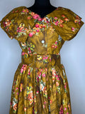 womens  waist belt  vintage  Urban Village Vintage  short sleeved  print dress  MOD  floral dress  floral  embroidered pattern  dress  cape collar  button front  brown  back zip  60s  1960s