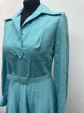 zip  womens  waist belt  vintage  Urban Village Vintage  urban village  Turquoise  shirt dress  Shirt  midi dress  midi  long sleeves  long sleeve  high neck  dress  dagger collar  collar dress  collar  big collar  belted dress  back zip  70s style  70s  70  1970s