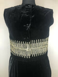 disco  velvet  date night  party  womens  waistcoat  vintage  retro  midi  green  gold stitch  dress  black  8  70s  1970s