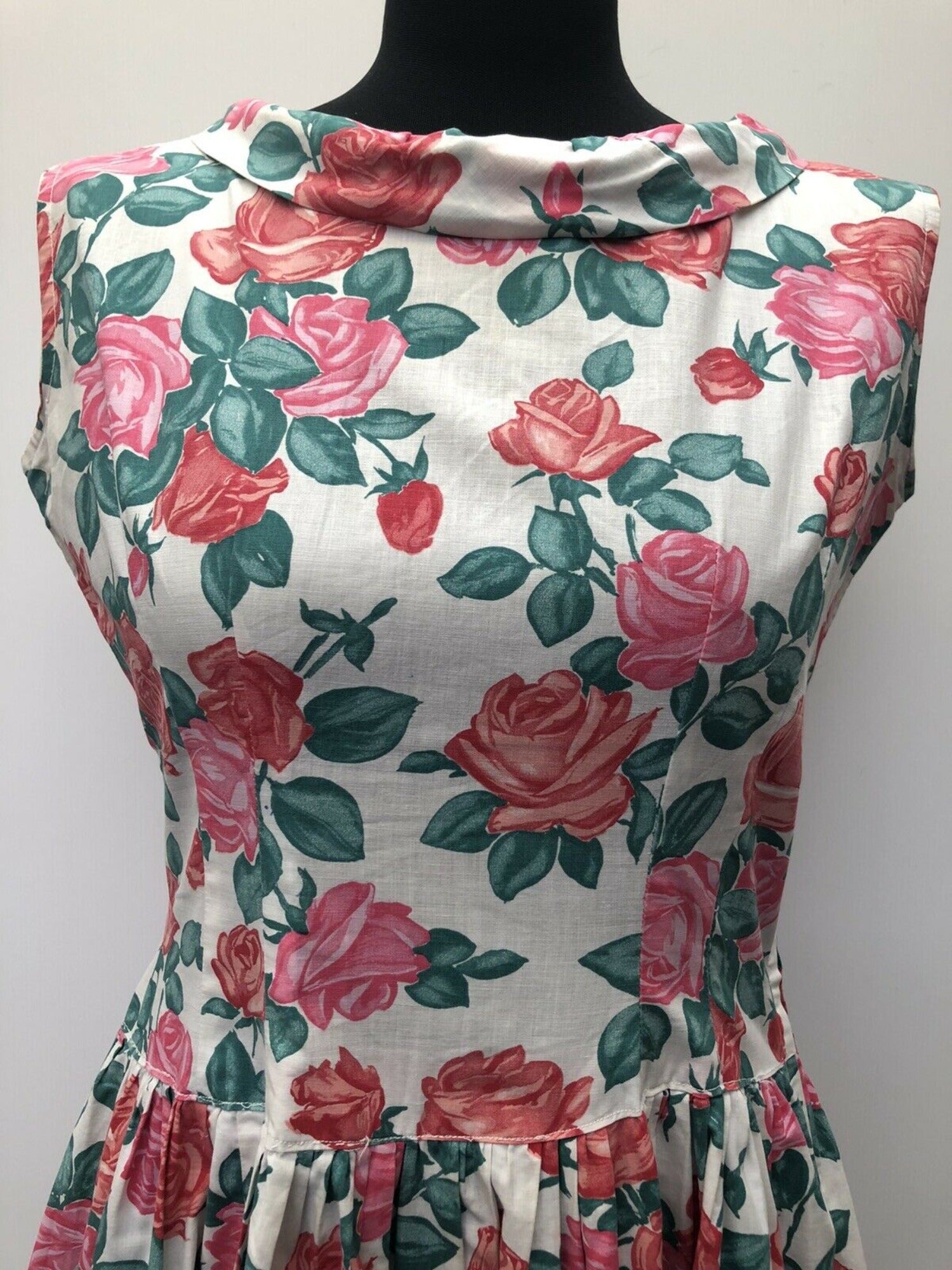 womens  white  vintage  Urban Village Vintage  short sleeved  short sleeve  rose print  roll neck  pink  multi  floral print  floral dress  floral  dress  50s  1950s  12
