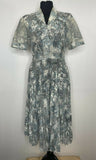 Vintage 1940s 1950s Abstract Print Pleated Button Down Tea Dress in Blue - Size UK 10