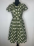 8  zip  womens  white polka dot  vintage  Urban Village Vintage  urban village  pussy bow  midi  Green  fitted waist  dress  California Cottons  50s  50  1950s