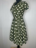 8  zip  womens  white polka dot  vintage  Urban Village Vintage  urban village  pussy bow  midi  Green  fitted waist  dress  California Cottons  50s  50  1950s