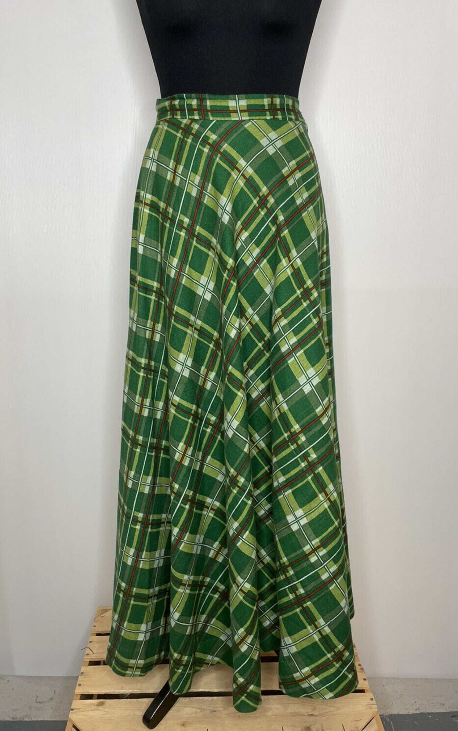 Vintage 1970s Liberty Print Tartan Check Maxi Skirt in Green by