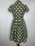 8  zip  womens  white polka dot  vintage  Urban Village Vintage  urban village  pussy bow  midi  Green  fitted waist  dress  California Cottons  50s  50  1950s