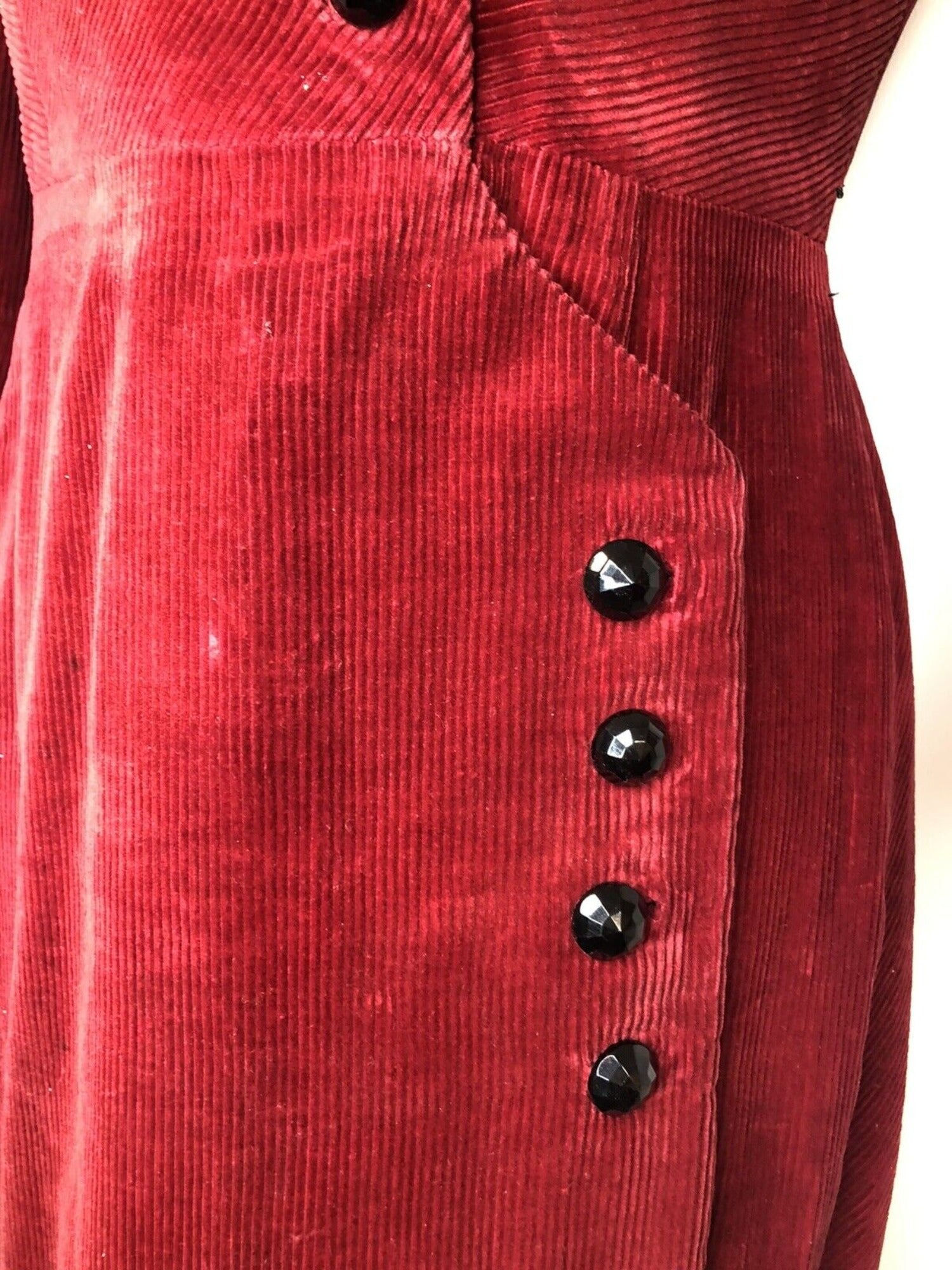 Vintage 1940s Corduroy Dress in Burgundy by Isabel - Size UK 10