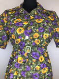 yellow  womens  vintage  urban village  spring  purple  fitted waist  dress  day dress  collared dress  button front  belted  50s  1950s  12